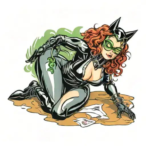 Sexy bbw Cartoon Catwoman with Red Curly Hair And Green Eyes tattoo design idea