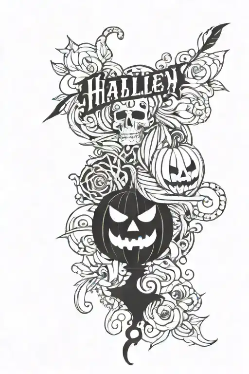 Hailey name incorporated into Halloween theme sleeve tattoo design idea