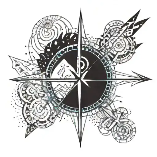 compass with mountains inside and a fancy arrow going all the way through the compass tattoo design idea