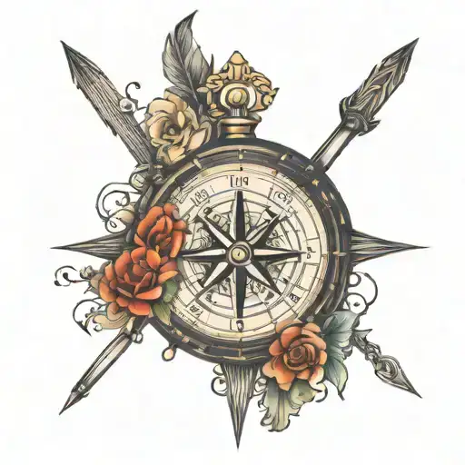 compass  with mountains inside, an arrow going through the compass with the initials PH at the end, and the number 20  tattoo design idea