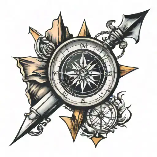 compass with mountains inside and a fancy arrow going all the way through the compass tattoo design idea