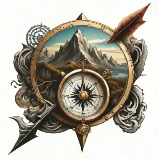 compass with mountains inside and a fancy arrow going all the way through the compass tattoo design idea