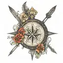 compass  with mountains inside, an arrow going through the compass with the initials PH at the end, and the number 20  tattoo design idea