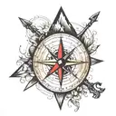 compass  with mountains inside, an arrow going through the compass with the initials PH at the end, and the number 20  tattoo design idea