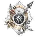 compass  with mountains inside, an arrow going through the compass with the initials PH at the end, and the number 20  tattoo design idea