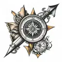 compass with mountains inside and a fancy arrow going all the way through the compass tattoo design idea