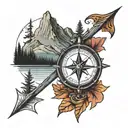 compass with mountains inside and a fancy arrow going all the way through the compass tattoo design idea