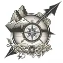 compass with mountains inside and a fancy arrow going all the way through the compass tattoo design idea