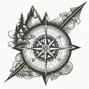 compass with mountains inside and a fancy arrow going all the way through the compass tattoo design idea