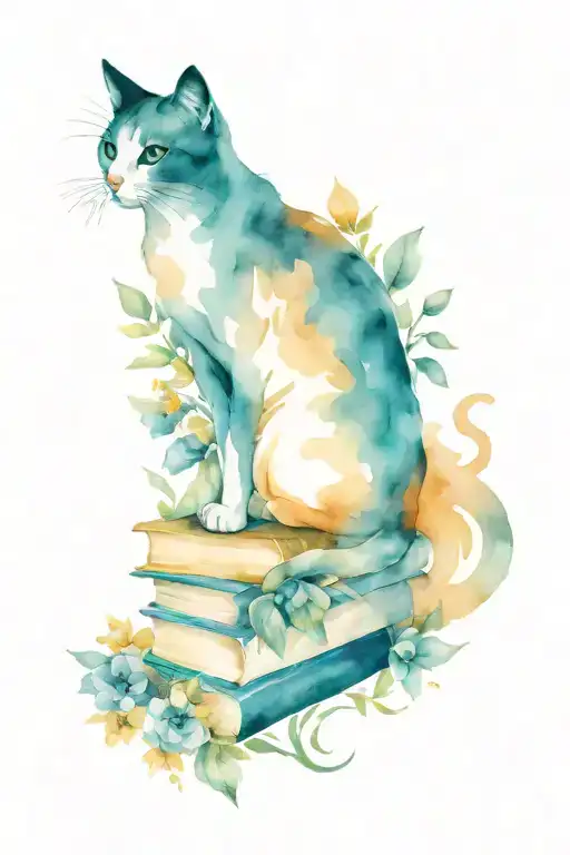 cat books flowers tattoo design idea