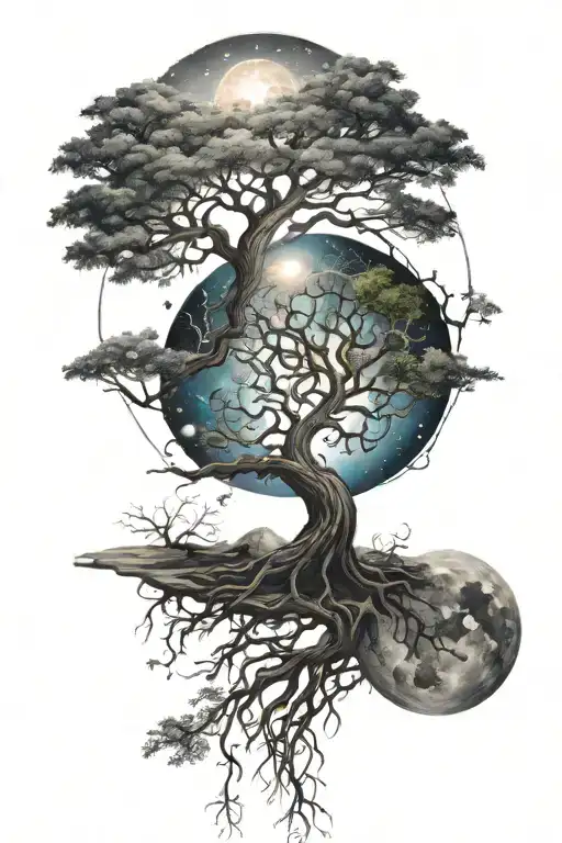 A mystical tree of life design with roots reaching into the depths of the universe, adorned with symbols of different philosophies tattoo design idea