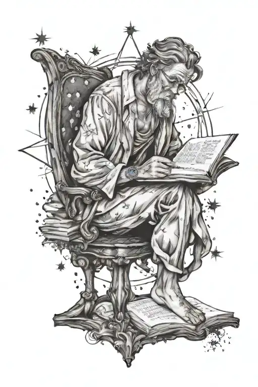 A detailed tattoo of a philosopher reading under a starry night sky tattoo design idea