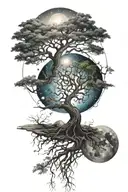 A mystical tree of life design with roots reaching into the depths of the universe, adorned with symbols of different philosophies tattoo design idea