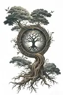 A mystical tree of life design with roots reaching into the depths of the universe, adorned with symbols of different philosophies tattoo design idea