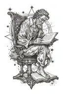 A detailed tattoo of a philosopher reading under a starry night sky tattoo design idea