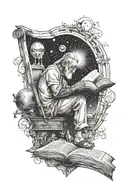 A detailed tattoo of a philosopher reading under a starry night sky tattoo design idea