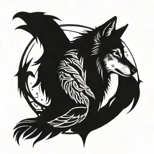 A wolf next to a crow tattoo design idea