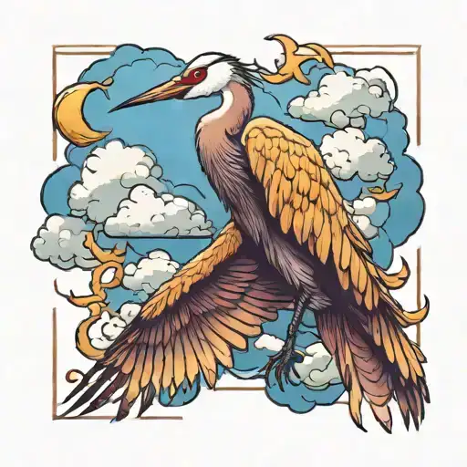 crane bird and clouds agrassive and colorfull tattoo design idea