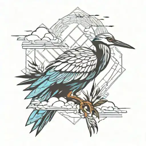 crane bird and clouds agrassive and colorfull tattoo design idea