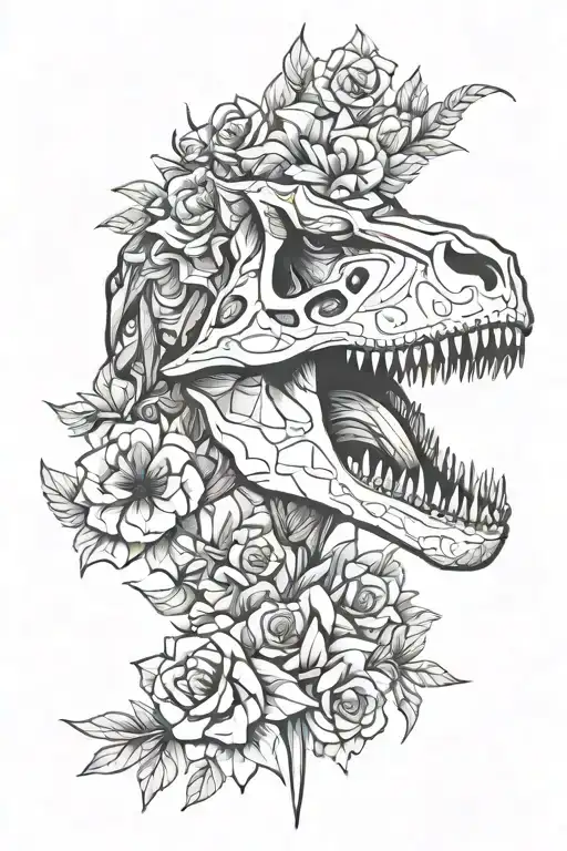 t-rex skull flower intertwined tattoo design idea