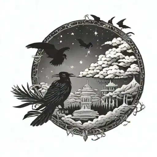 landscape, anunaki, ravens, music, night-sky tattoo design idea