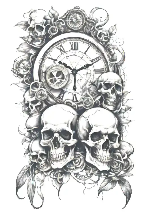 background fulled of skulls and money, A clock with march 26 somewhere in it, add smoke going through the whole design. tattoo design idea