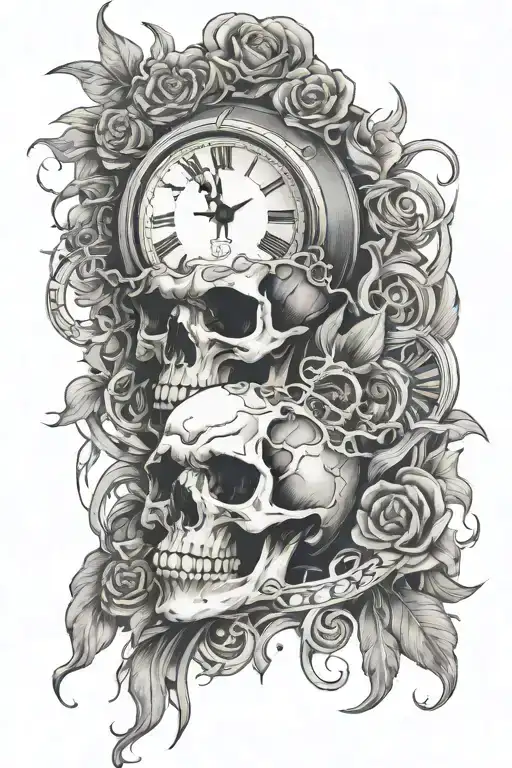 background fulled of head hunter skull, A clock with march 26 somewhere in it, add smoke going through the whole design. tattoo design idea