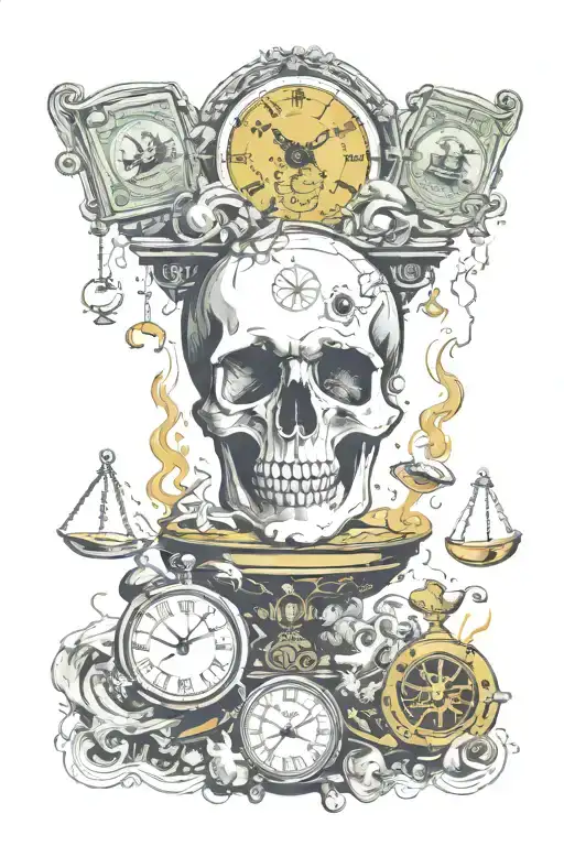 Skull, Clocks, Money, God, Scales with smoke going through all tattoo design idea