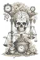 Skull, Clocks, Money, God, Scales with smoke going through all tattoo design idea