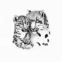 snow leopard with a cub with rocky mountains and snow in the background  tattoo design idea