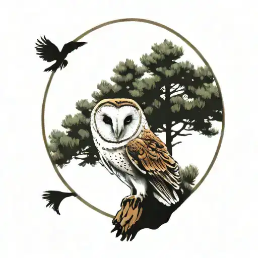 barn owl bringing pine tree tattoo design idea