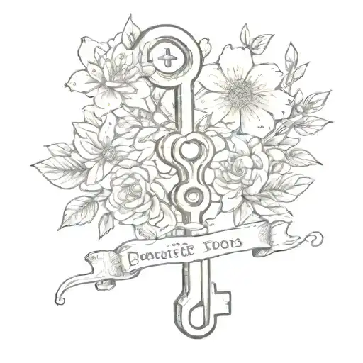 A sketch style tattoo of a vintage key with the words 'because of you i will always believe' wrapping around it, along with a lock and very simple flowers tattoo design idea