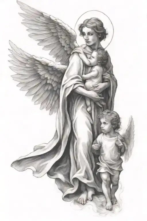 saint samuel with wings while one little boy walking looking up at him with angels around him tattoo design idea
