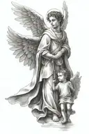 saint samuel with wings while one little boy walking looking up at him with angels around him tattoo design idea