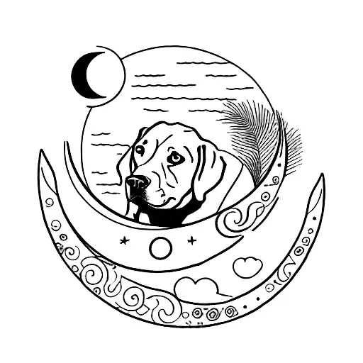 black Labrador sitting on a crescent moon tattoo design idea