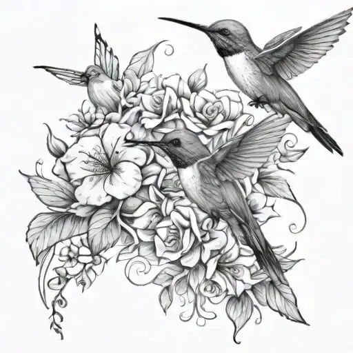 floral and humming birds sleeve tattoo tattoo design idea
