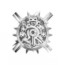 mountains, trees, gears, aliens tattoo design idea