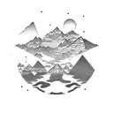 mountains, trees, gears, aliens tattoo design idea