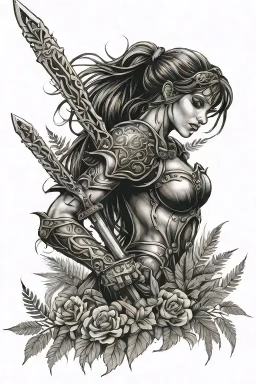 lady warrior  holding sword in meadow and ferns background  tattoo design idea