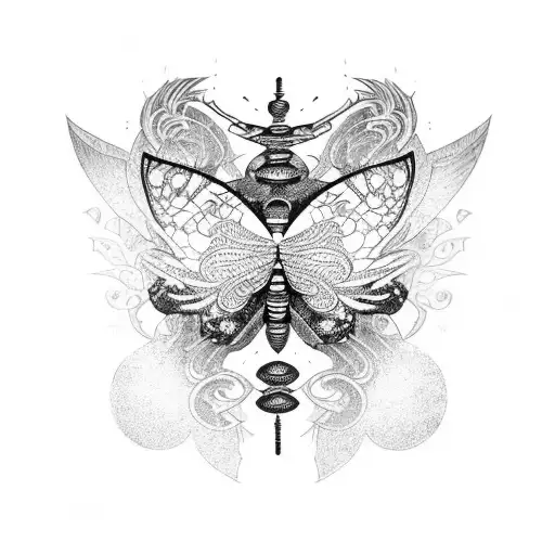 A blackwork butterfly with Japanese art motifs in its wings and sword tattoo design idea