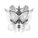 A blackwork butterfly with Japanese art motifs in its wings and sword tattoo design idea