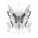 A blackwork butterfly with Japanese art motifs in its wings and sword tattoo design idea