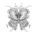 A blackwork butterfly with Japanese art motifs in its wings and sword tattoo design idea