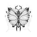 A blackwork butterfly with Japanese art motifs in its wings and sword tattoo design idea