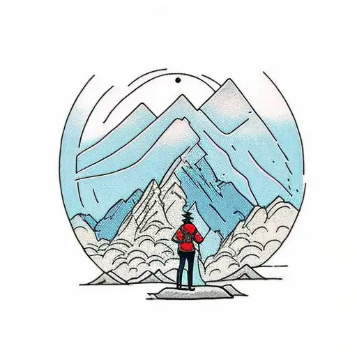 A traditional tattoo of a hiker standing on a rocky cliff, looking out at a majestic mountain peak in the distance tattoo design idea