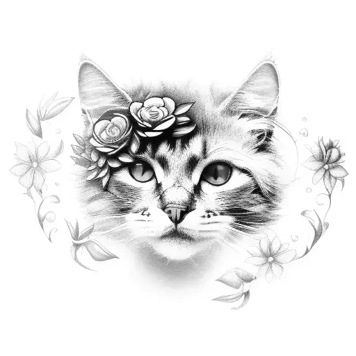  black cat whole body that looks like its floating, with flowers around it tattoo design idea