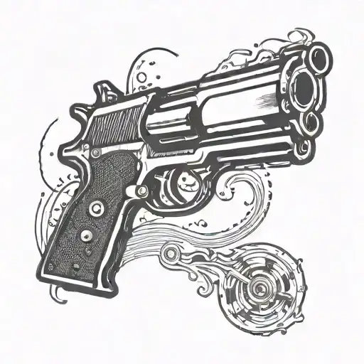 Design a black and grey tattoo of a vintage pistol with electrical sparks emanating from the barrel, representing the client's passion for guns and electrician work tattoo design idea