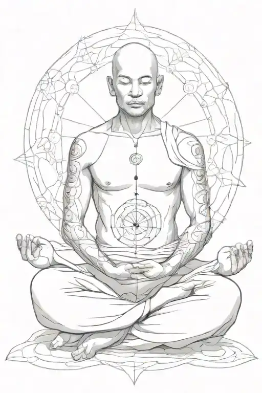 man in lotus position meditating monk aligned with chakras tattoo design idea