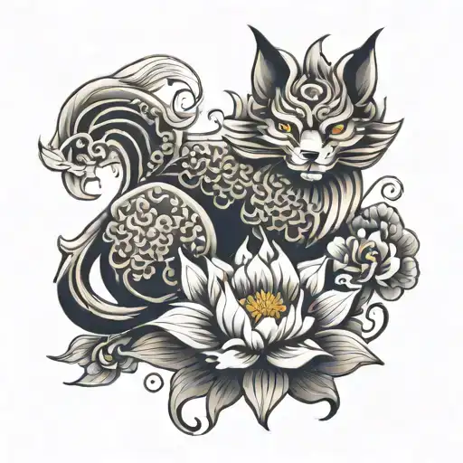 Japanese nine tail fox foo dog lotus flower tattoo design idea