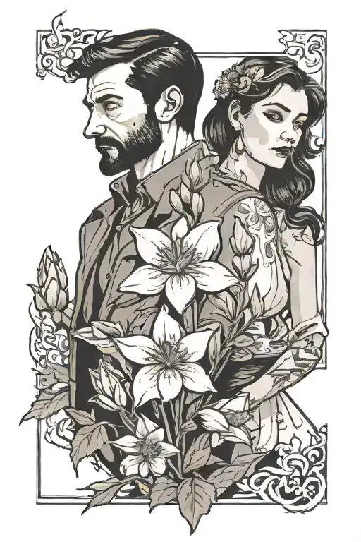 man holding a lupin flower and a women holding a daffodil tattoo design idea